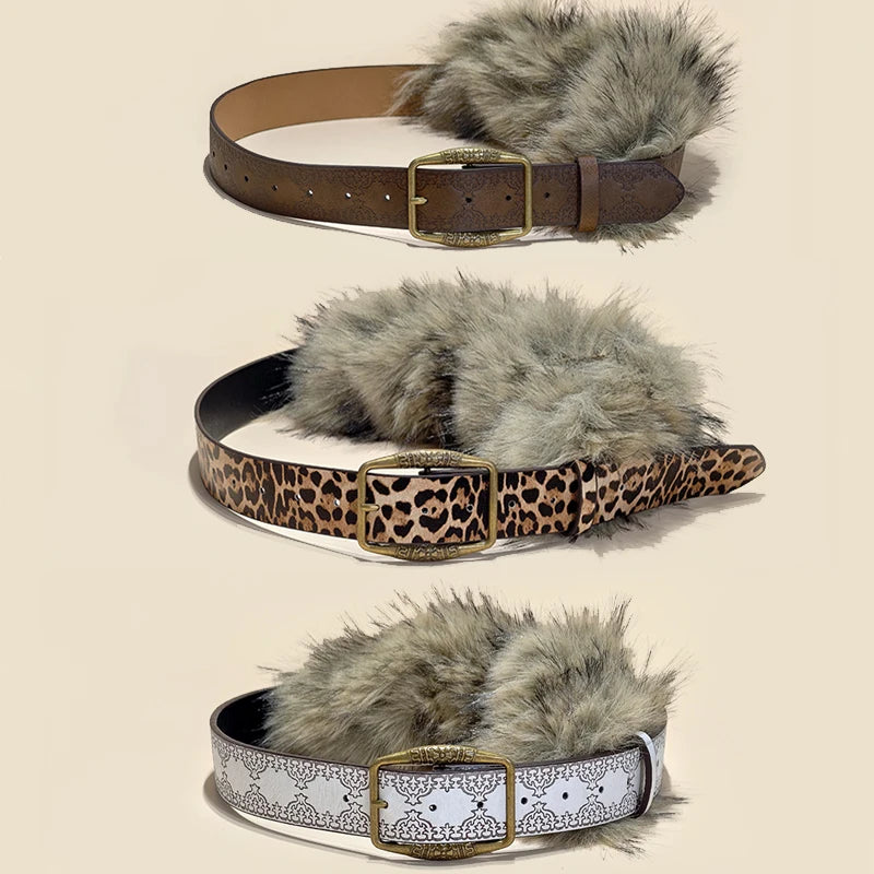 Retro Punk Style Furry Belt For Women Niche Y2k leopard print Belt For Skirts And Jeans American Western Cowboy Waistband