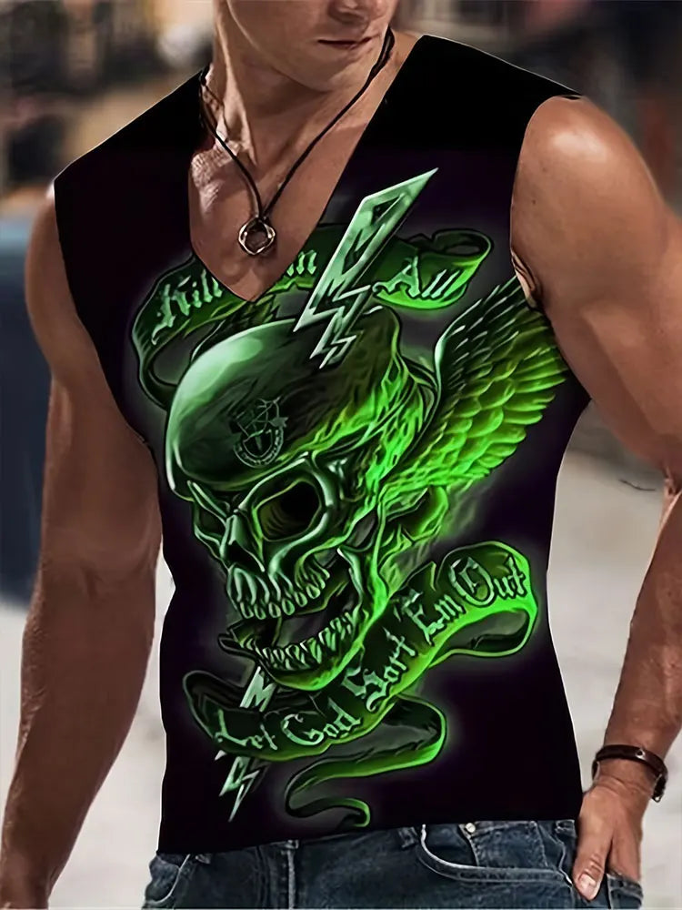 Summer Everyday Street Men's Fashion Tank Top Outdoor Casual Men's Sleeveless T-shirt 3D Skull Print Men's V-neck Tank Top