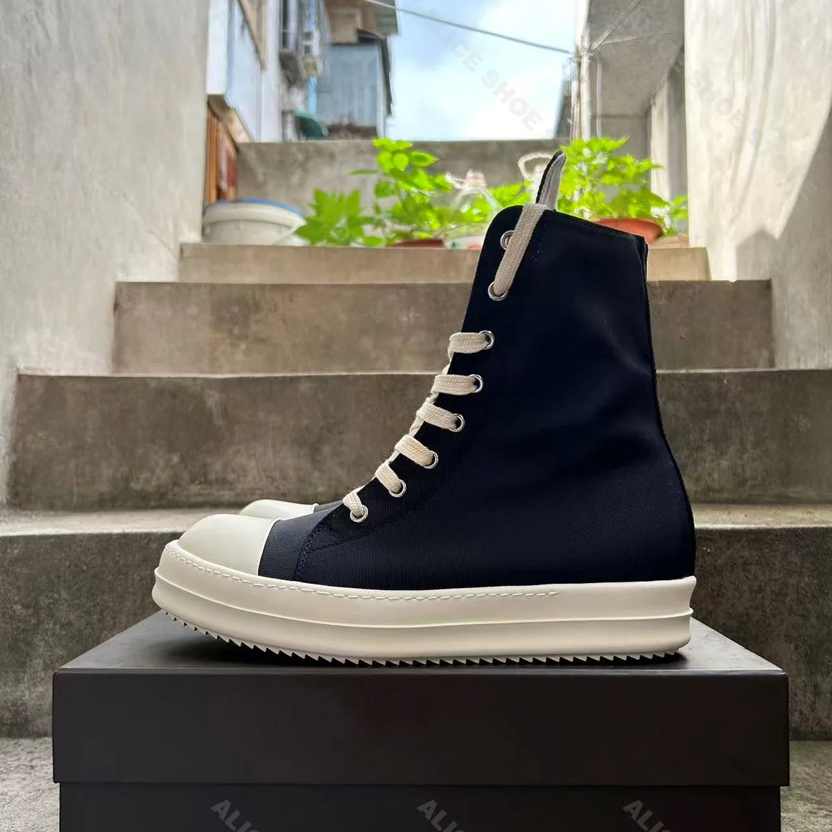 PENDRA Satin Eclipse Black Canvas High-Top Zip Lace-Up Platform Shoes