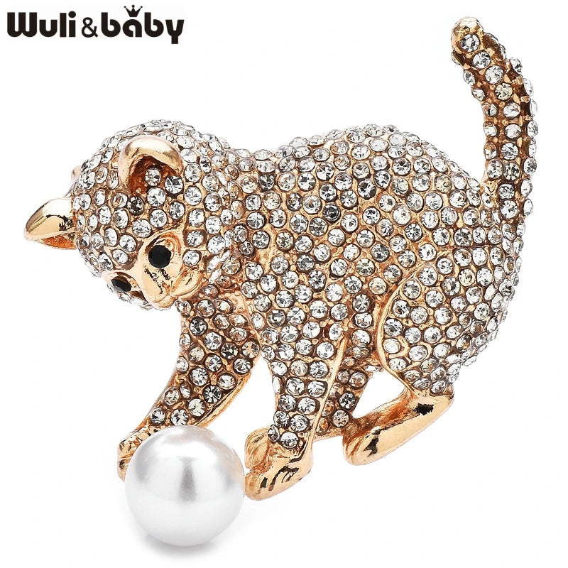 Wuli&baby Lovely Playing Ball Cat Brooches For Women Unisex 4-color Shining Rhinestone Pets Animal Party Casual Brooch Pins Gift