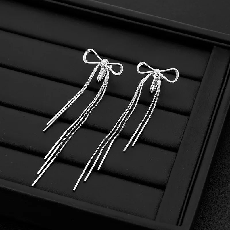 VENTFILLE 925 Sterling Silver Bowknot Clip Earring for Women Hollow Out Tassels Ins Versatile Geometry Jewelry Gift Dropshipping