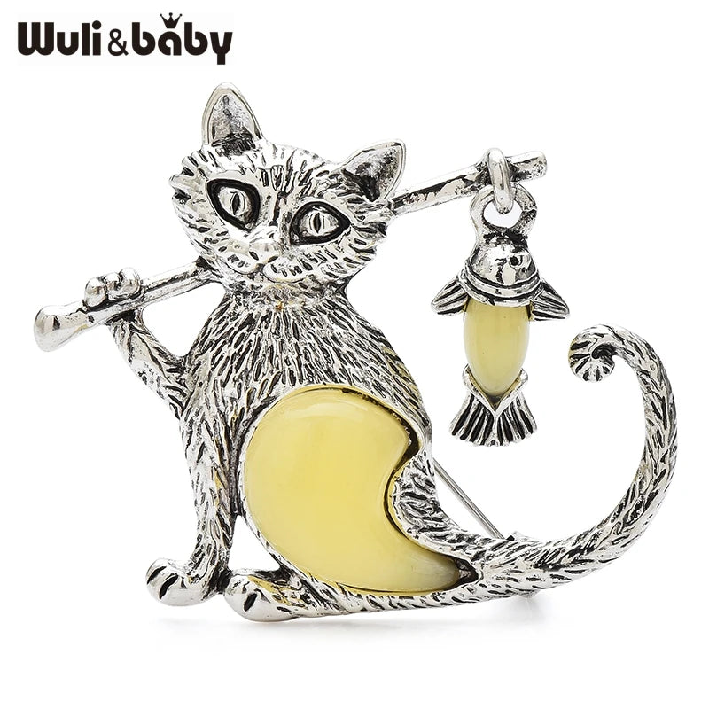 PENDRA Cat with Fish Enamel Brooch