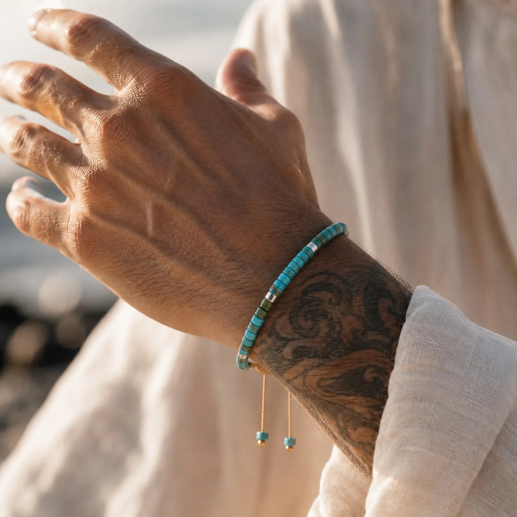 Bohemian Natural Stone Beads Bracelet for Men,Handmade Turquoise Adjustable Rope Wristband,Summer Trendy Jewelry Gift