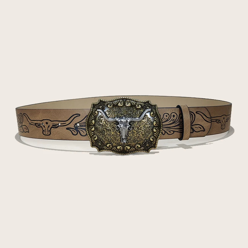 Western Leather Jeans Belts Plus Size Bull Buckle Cowboy Longhorn Bull Pattern Buckle Belt Floral Engraved Buckle Belt for Men