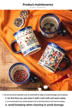 Bohemian Handmade Floral Ceramic Coffee Mug, Retro Pattern Porcelain Cup, Aesthetic Tea Mug for Latte, Cute Drinkware Gift