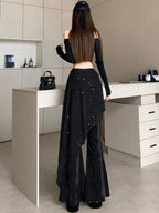 Women's autumn and winter sequin fart curtain fake two high waisted slimming and floor dragging casual flared pants
