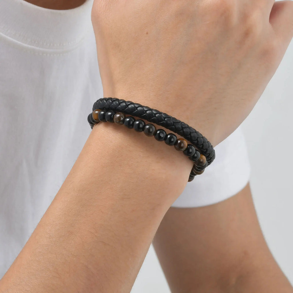 Stylish Leather Bracelet for Men Boys,Double Layers Natural Stone Tiger Eye Black Beaded Bracelet,Gift to Father Husband BBF