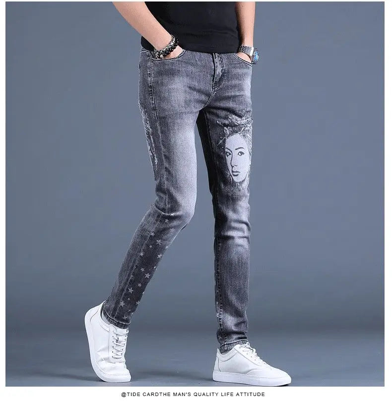 PENDRA Denim Cotton Printed Trousers