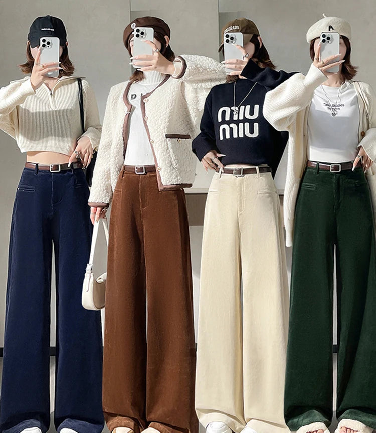 Corduroy suit wide leg pants women in autumn and winter high waist lazy style thick velvet warmth and versatile pants