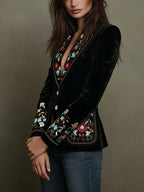 New Women's Retro Floral Embroidered Single-breasted Peak Lapel Slim-fit Blazer, Suitable for Parties, Banquets and Other Occasions.