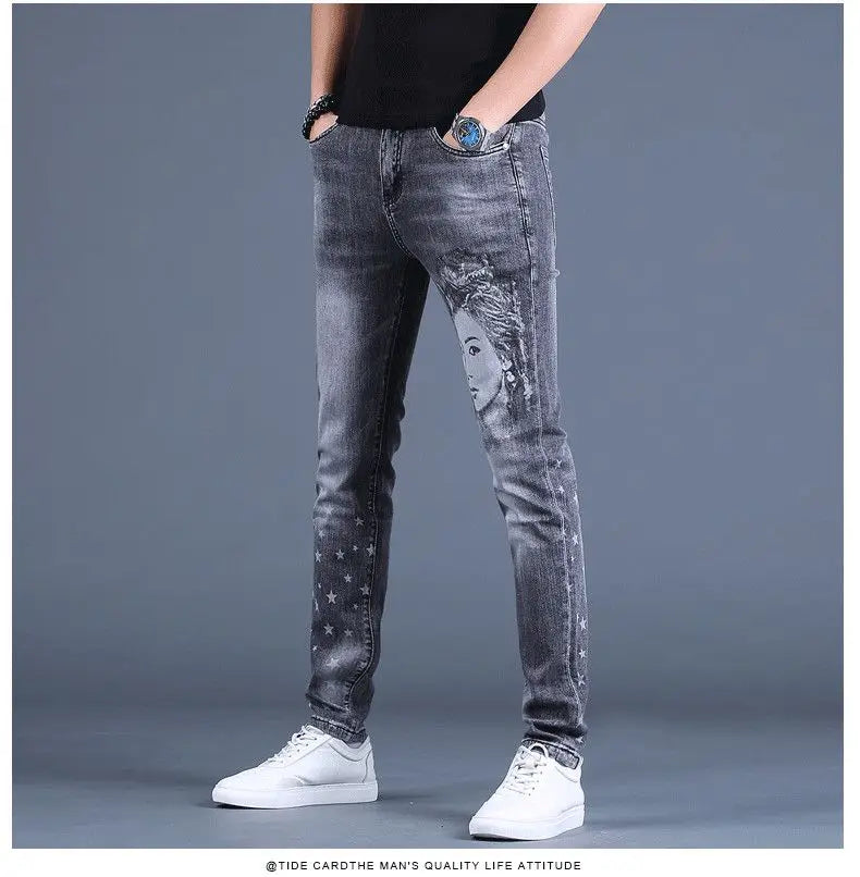 PENDRA Denim Cotton Printed Trousers