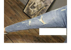 Light-colored Distressed Denim Cropped Trousers For Men Personality Slant Pocket Design, Embroidered Slim-fit Pencil Trousers