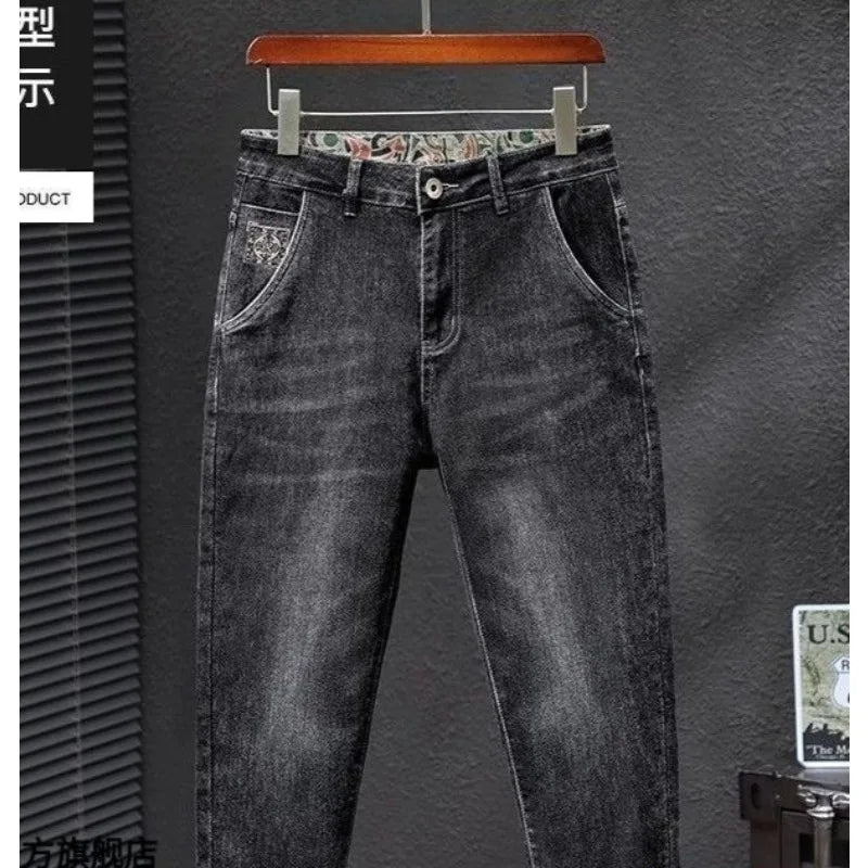 Men's Work Pants 2025 Spring Autumn Men's Casual Jeans New Slim Foot-bound Pants Explosive Street Luxury Washed Elastic Trousers