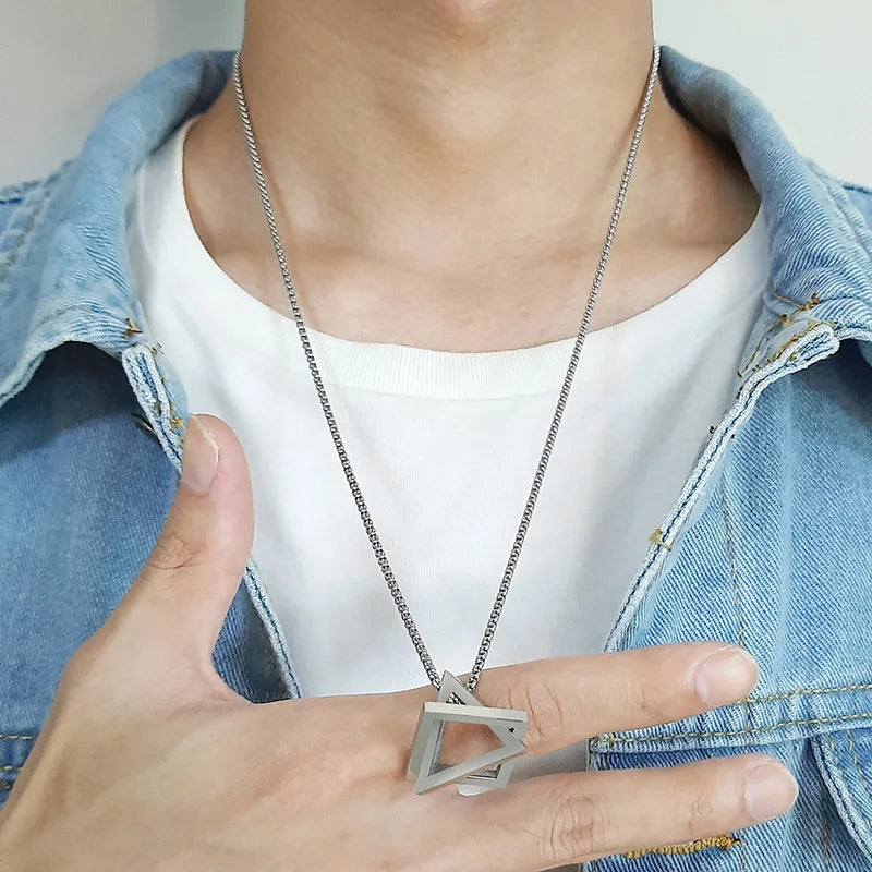 Popular Men Necklace,Interlocking Square Triangle Stainless Steel Pendant Necklaces,Trendy Geometric Detachable Pendant Gifts