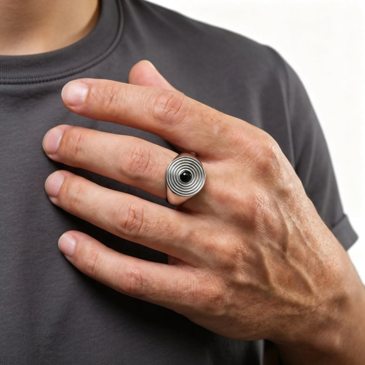 Men's Stainless Steel Signet Ring,Vintage Natural Stone Black Onyx Round Ring,Daily Wear Jewelry Gift
