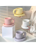 Creative chubby ceramic cup and saucer set, big handle design ins wind mug, macaron breakfast coffee
