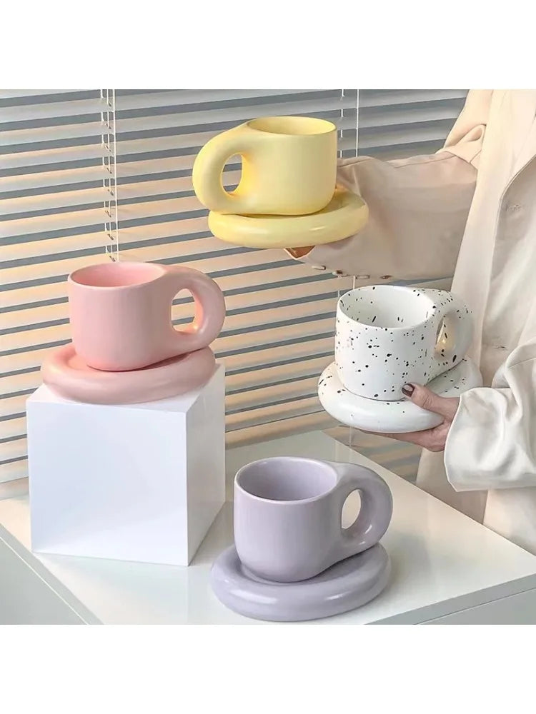 Creative chubby ceramic cup and saucer set, big handle design ins wind mug, macaron breakfast coffee