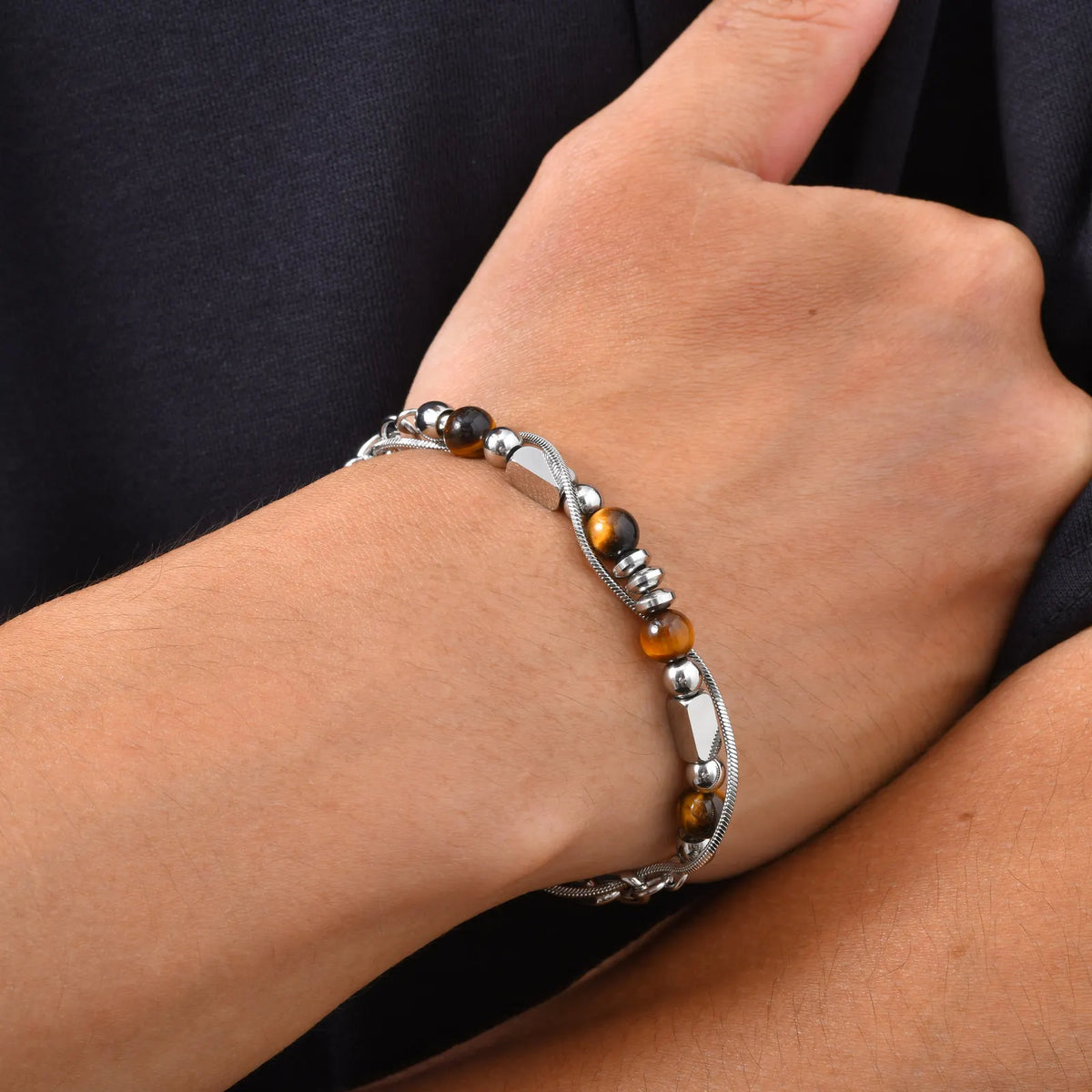 Hip Hop Natural Stone Beaded Bracelet for Men,Stainless Steel Adjustable Chain Wristband,New Stacked Jewelry Gift