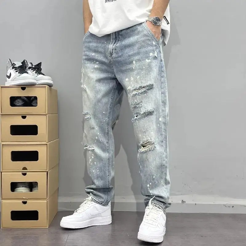 2026 Washed Light Blue Ripped Jeans Men's Straight High Street Trendy Brand Ragged Beggar Pants Large Size Trousers Cargo Pants