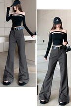 Retro solid color pants women autumn and winter high waisted casual and fashion versatile floor length flared trousers