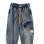Large size 300 pounds trendy vertical striped workwear denim men's summer elastic waistband nine point harem pants