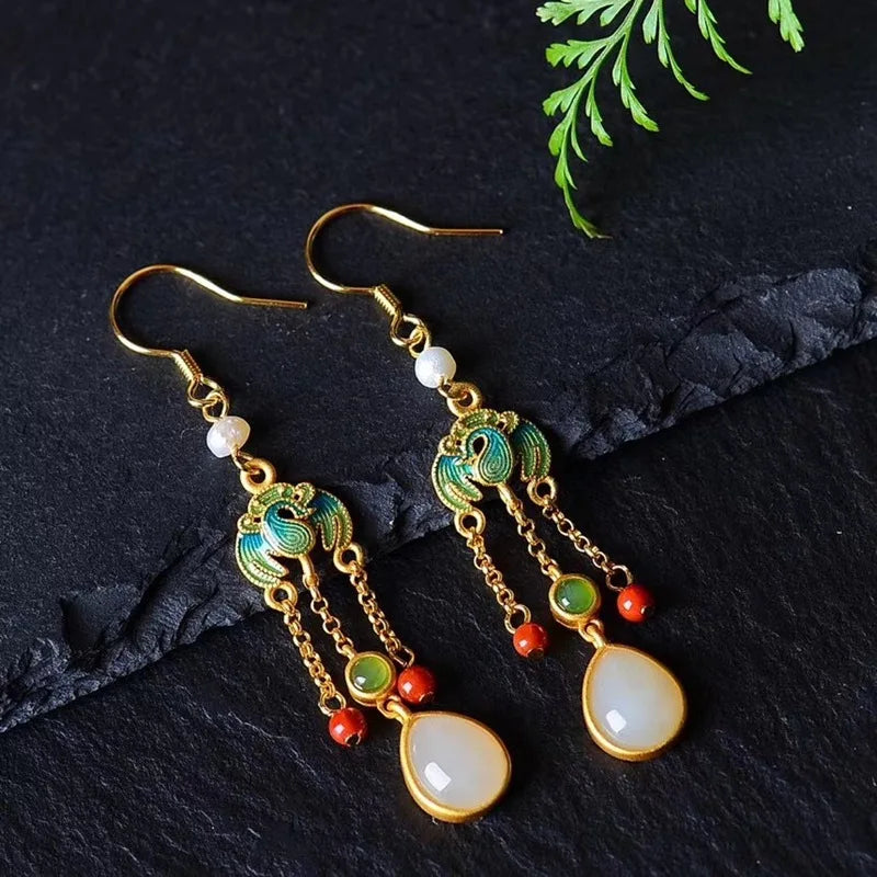 VENTFILLE Hetian Jade Ear Hook Earring Women's High-end Temperament Ethnic Style Retro Earrings Cloisonne Craft Dangler Gift