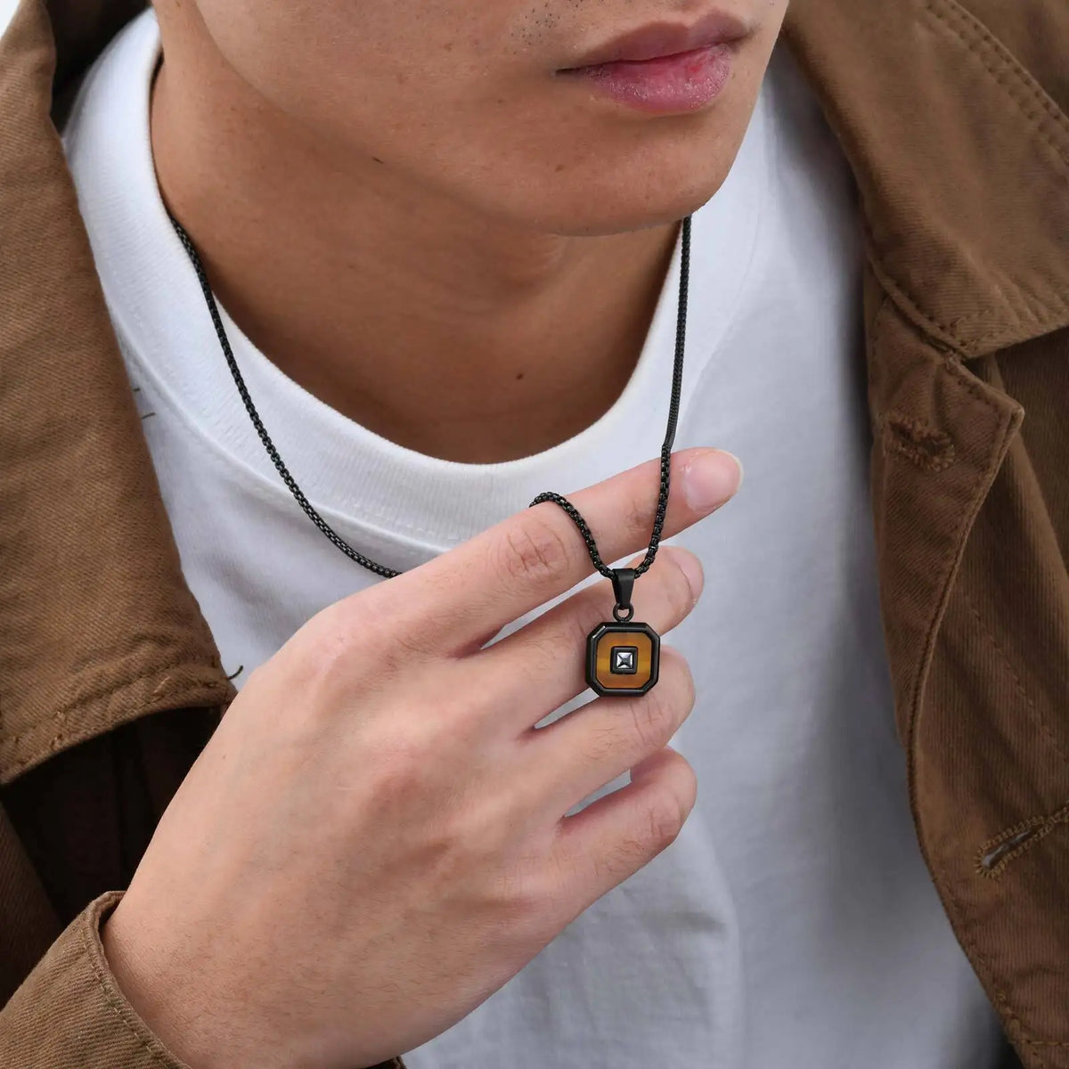 Stylish Square Pendant Necklaces for Men,Small Geometric Natural Stone Stainless Steel Pendant,Center Zircon Collars Gift