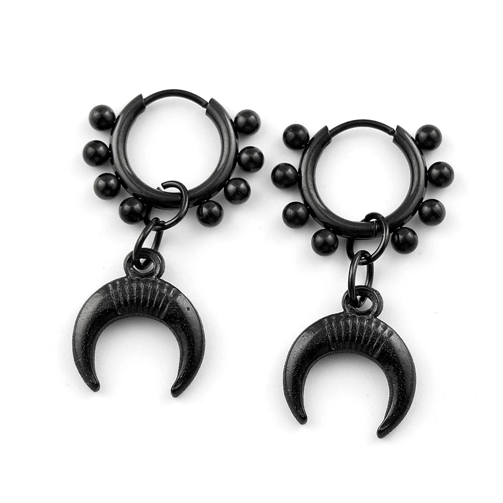 Punk Black Moon Star Hoop Earrings Gothic Crescent Dangle Stainless Steel Beaded Drop Earrings Men Women Hip Hop Jewelry Gifts