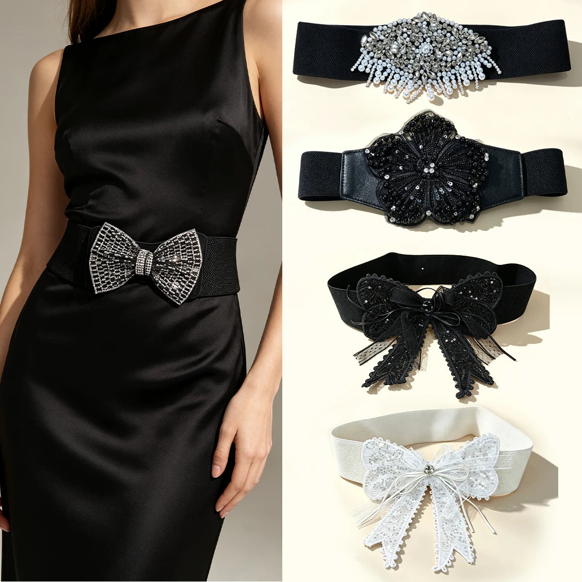 Women's Elastic Wide Belt Pearl Waist Rhinestone Bow Dress Belt High Quality Wedding Party Cummerbunds Bling-Bling Big Corset