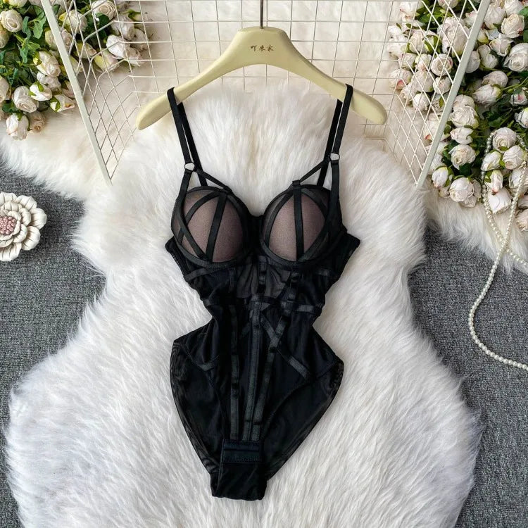 Sexy spicy girl with chest cushion jumpsuit women's summer new see through mesh slimming sexy niche design camisole vest
