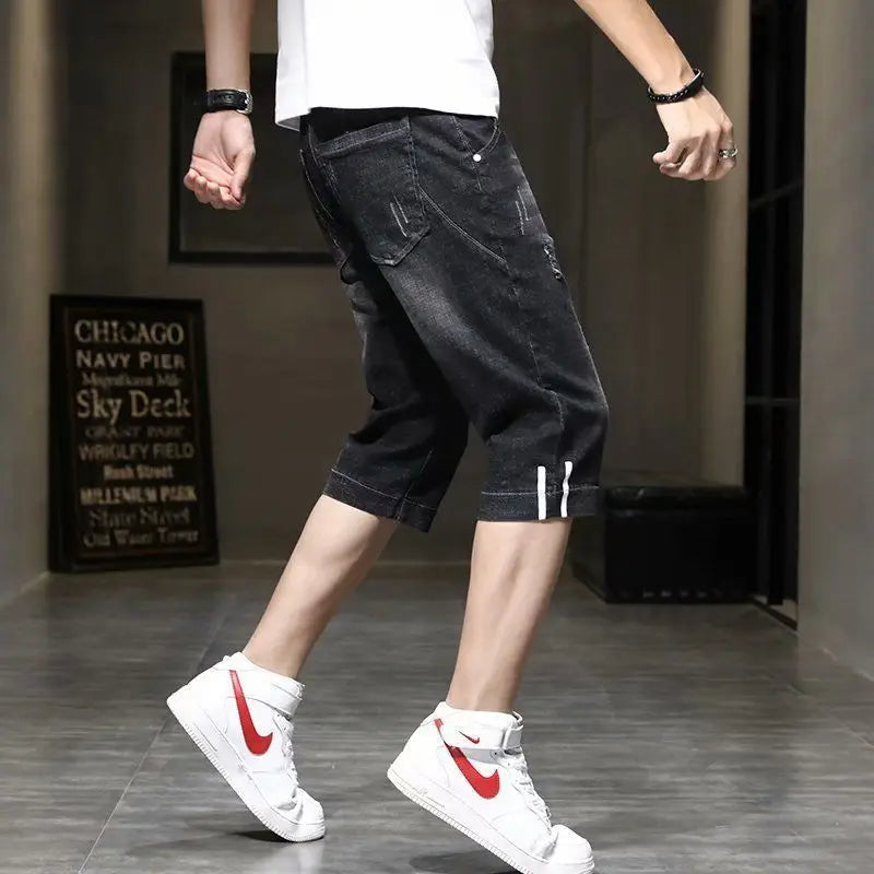 Clothes Y2k Man 2000s Summer Thin Stripe Men's Loose Casual Shorts Korean Denim Luxury  Elastic Waist Knee Pants Black Jeans Man