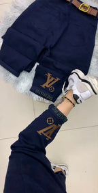 PENDRA Letter Embroidery High Waist Straight Jeans