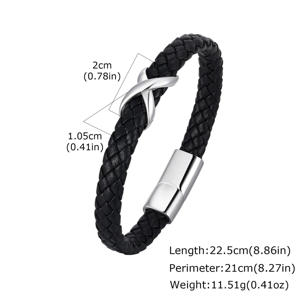 Stainless Steel Infinity Black Leather Bracelet for Men,High Quality Microfiber Leather Wristband,Gift for Husband Dad Him
