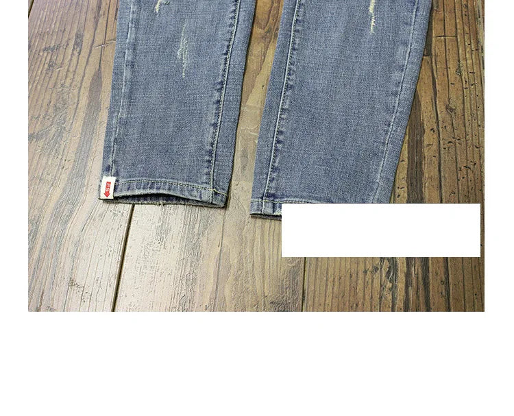 Light-colored Distressed Denim Cropped Trousers For Men Personality Slant Pocket Design, Embroidered Slim-fit Pencil Trousers