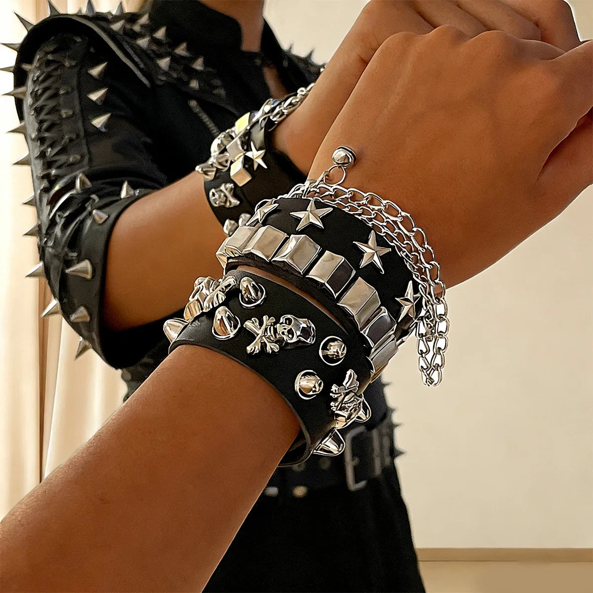Punk Bracelet for Men Women Set Pu Leather Skull Star Gothic Black Wristband with Metal Spike Studded- Spike Rivets Bangle