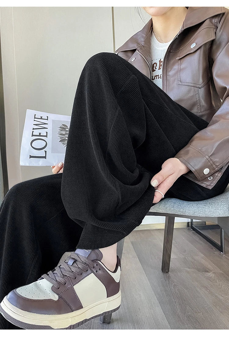 Corduroy pants women autumn and winter new Chinese style buckle casual thick solid color versatile wide leg pants