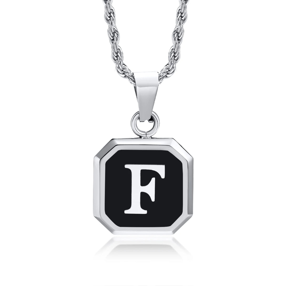 Initials Necklaces for Men Women,A-Z 26 Letters Black Square Stainless Steel Pendant Collar,45-60CM Twisted Rope Chain Gifts