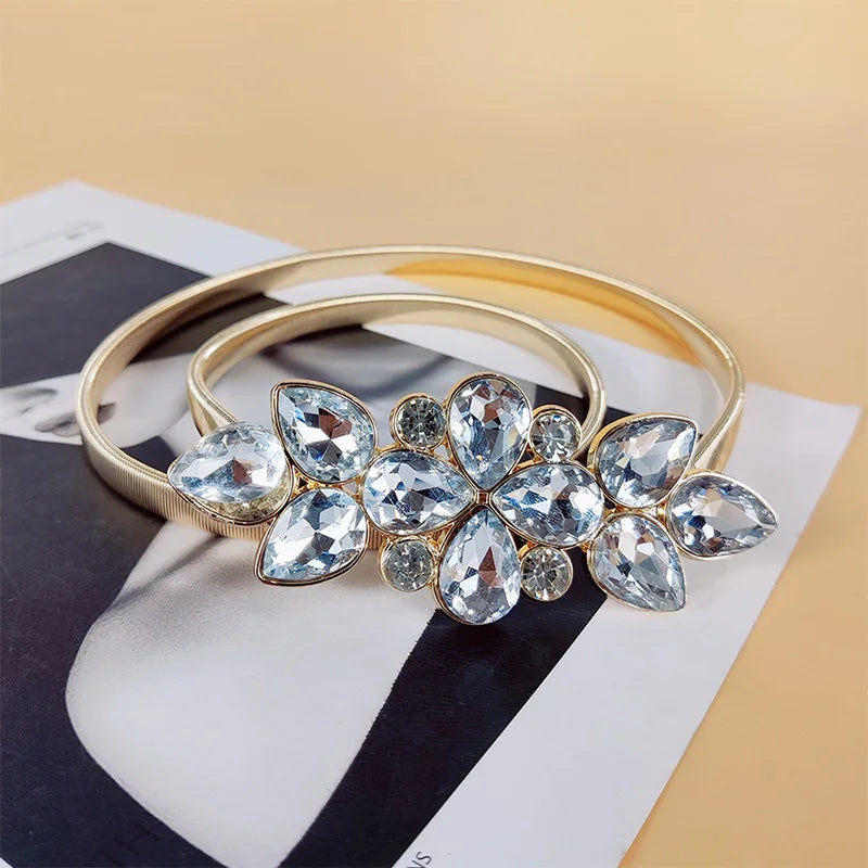 High-eng Luxury Desiner Women Rhinestone Flora Elastic Metal Chain Belt Female Golden Elegant Waist Belt For Dress Skirt Coat