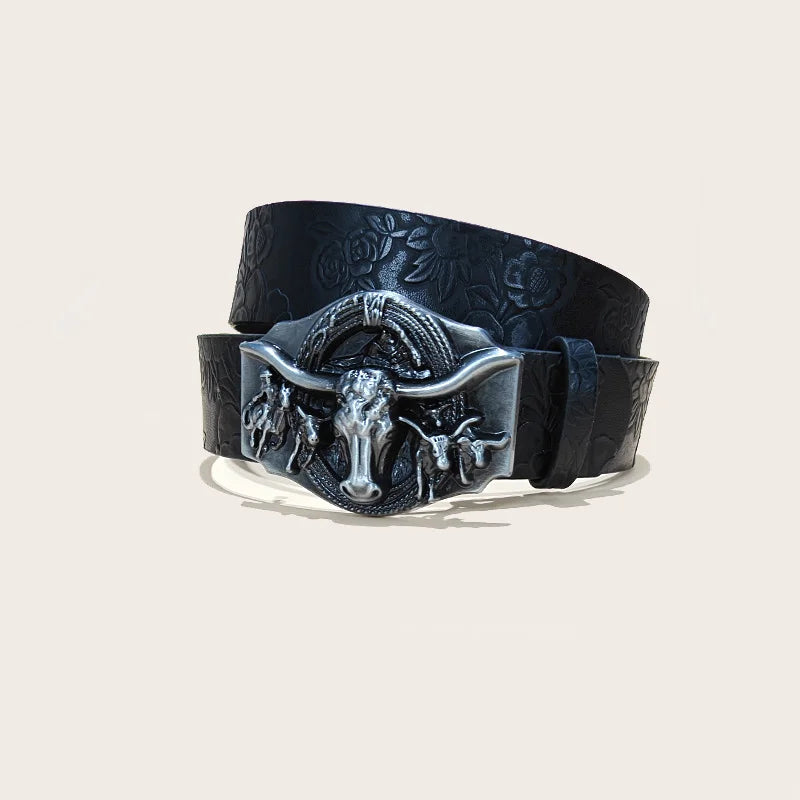 Western Cowboy Leather Belts Longhorn Bull Buckle Pattern Floral Engraved Belt for Men Gothic Accessories Jeans Waistband Male