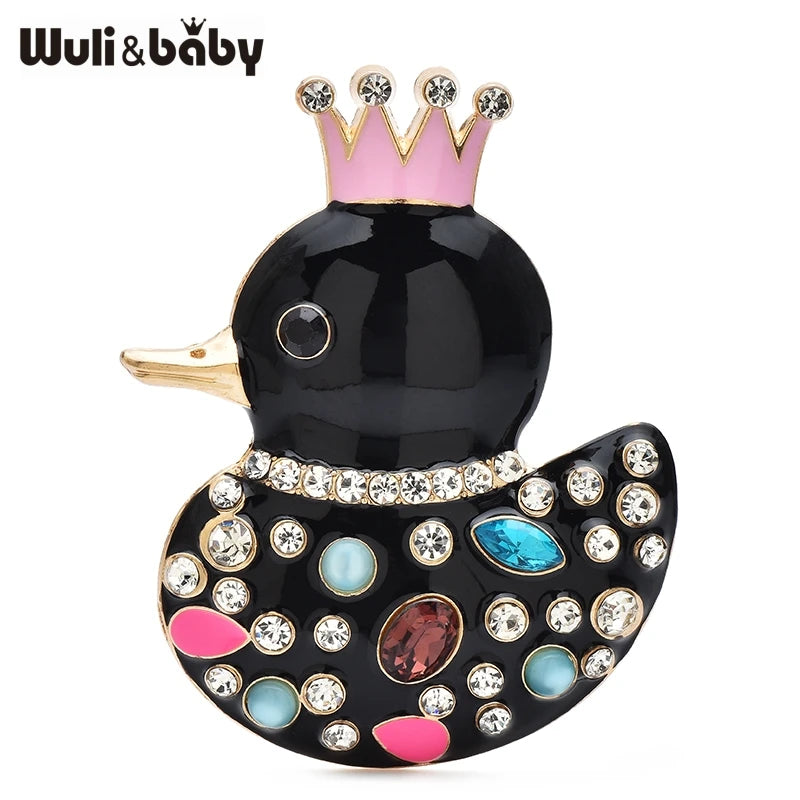 PENDRA Crown Duck Enamel Rhinestone Brooch