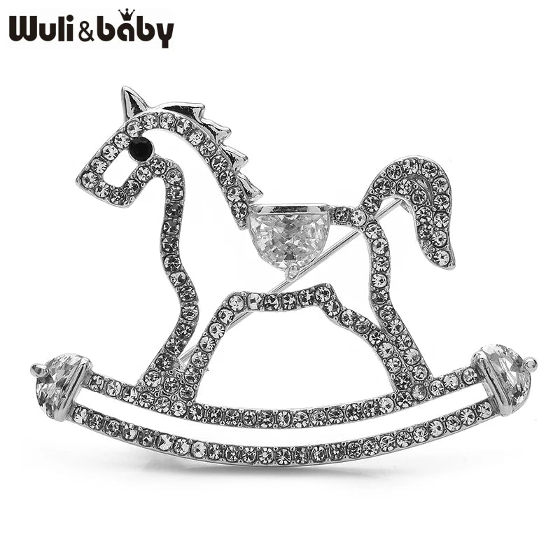 Wuli&baby Lovely Shining Rocking Horse Brooches For Women Lady 2-color Rhinestone Hobbyhorse Casual Party Brooch Pins Gifts