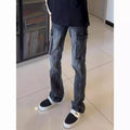 Fashion 2026 Lightning Pattern Men's High Street Design Straight Pants Trendy Brand Retro Wide-leg Trousers Grey Washed Jeans