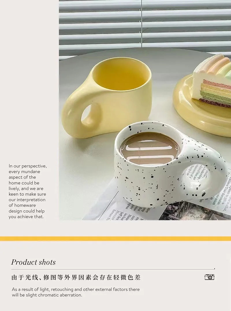 Creative chubby ceramic cup and saucer set, big handle design ins wind mug, macaron breakfast coffee