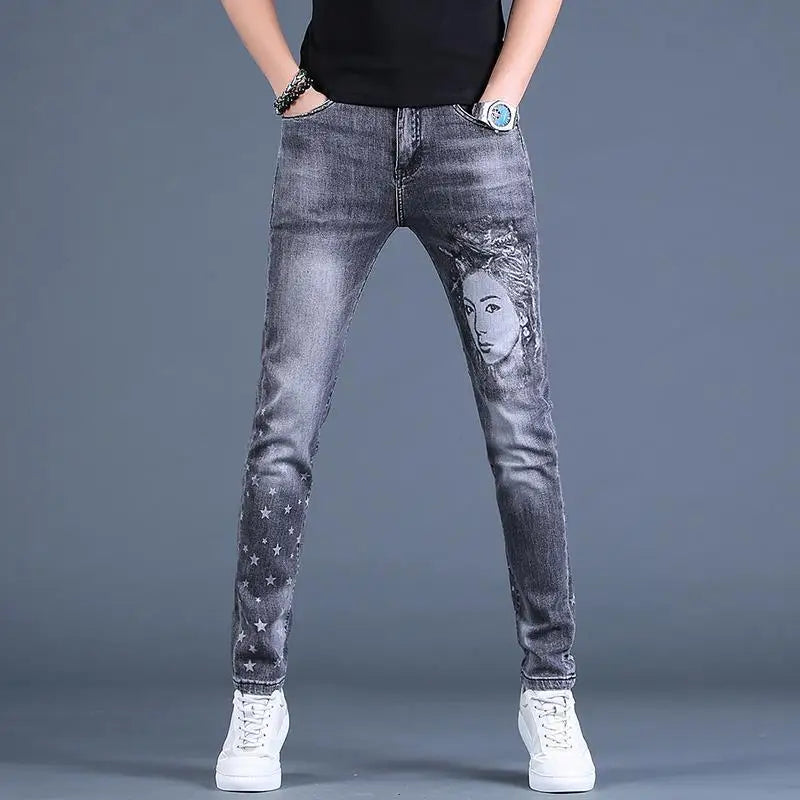 PENDRA Denim Cotton Printed Trousers