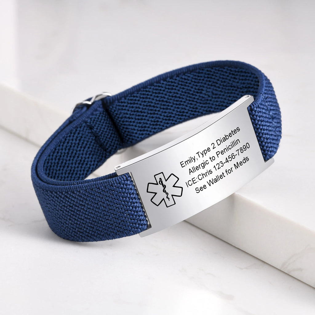 Medical Alert Bracelet for Men Women,Personalized Stainless Steel Elastic Strap Wristband,Gifts for Family Grandparents Patient
