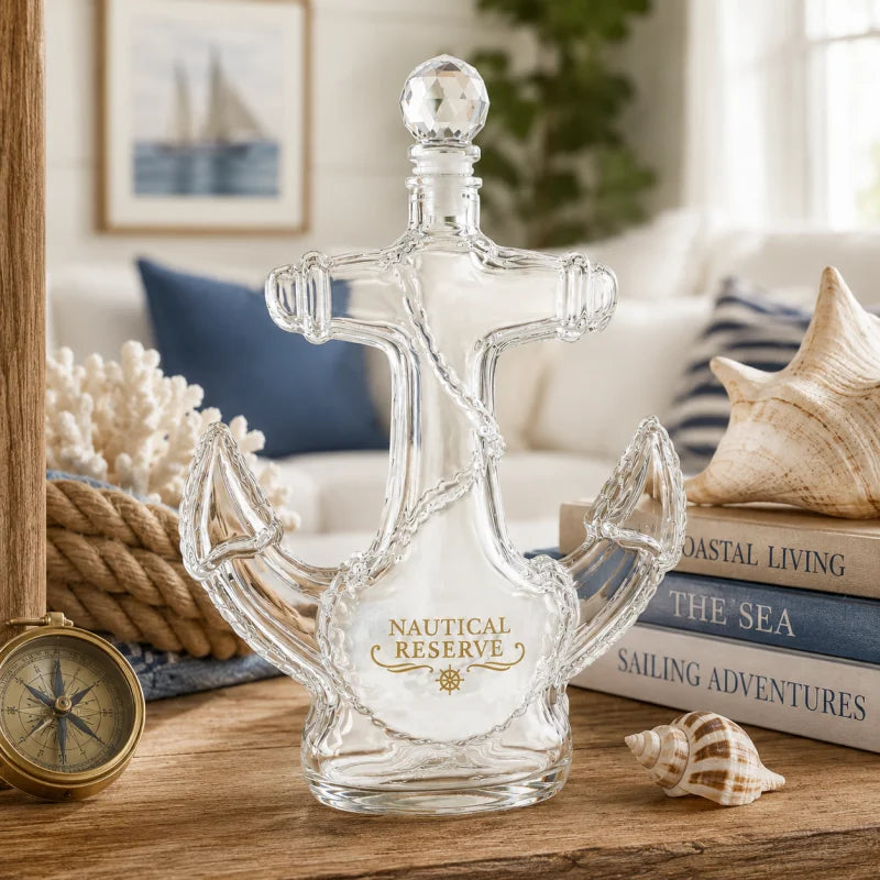 Creative Anchor Shape Glass Spirits Decanter 350ml Whiskey Storage Bottle with Gold Nautical Sticker for Bar Decor Gift