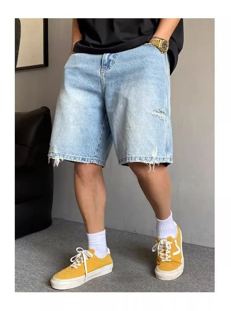 Fashion 2026 New Retro Personalized Ripped Denim Shorts Men's Summer Trendy Brand Ruffian Handsome Straight Baggy Medium Pants