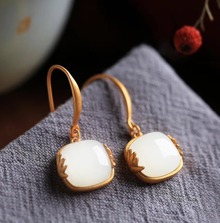 VENTFILLE Hetian Jade Ear Hook Earring Women's High-end Temperament Ethnic Style Retro Earrings Cloisonne Craft Dangler Gift