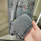 Spring and Autumn 2025 New Men's Jeans Gray Trendy Tiger Head Hot Diamond Printing Slim-fit Small Feet Trousers Men's Clothing