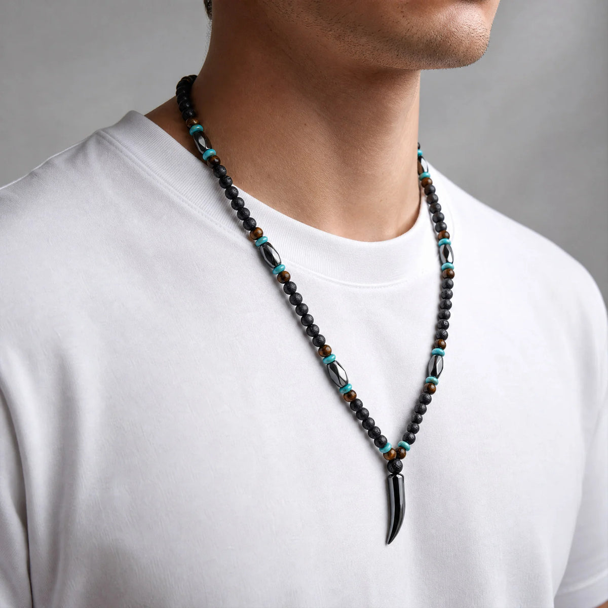 Punk Natural Stone Wolf's Tooth Necklace for Men,Healing Tiger Eye Hematite Pendant Necklace,Vintage Ethnic Jewelry